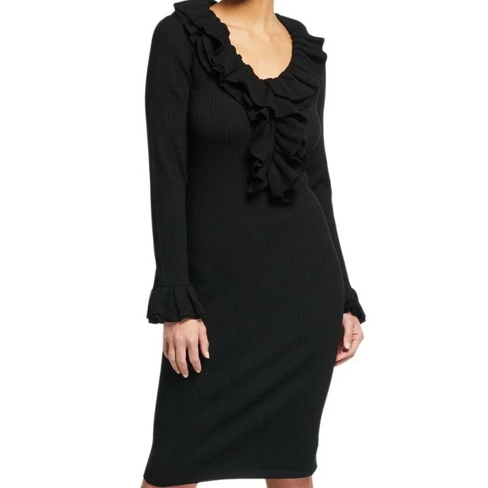 Trina Turk Dress Womens Large Black Quill Ruffle Sweater Quiet Luxury Party - Picture 1 of 13